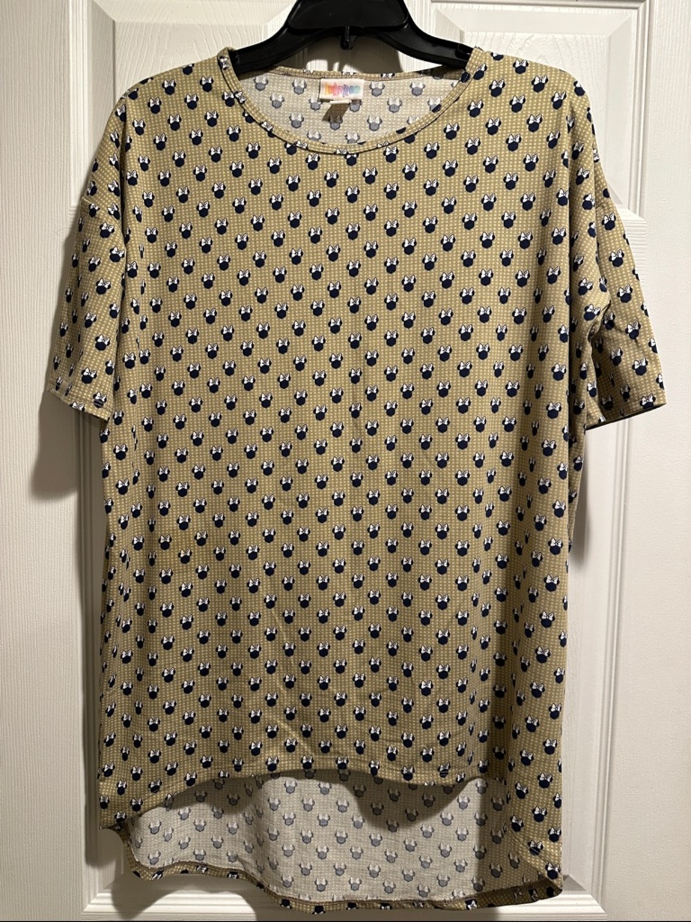 LuLaRoe Tan Short-Sleeve Tunic with Black and White Dot Motif